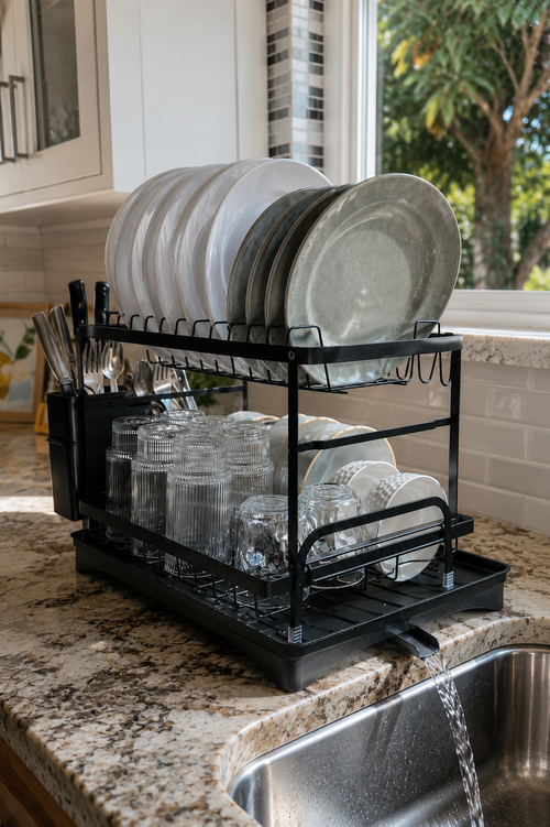 Premium 2-tier dish drying rack with plates, bowls, glasses, and cutlery, featuring a fast-drain water outlet for a clean and organized kitchen.