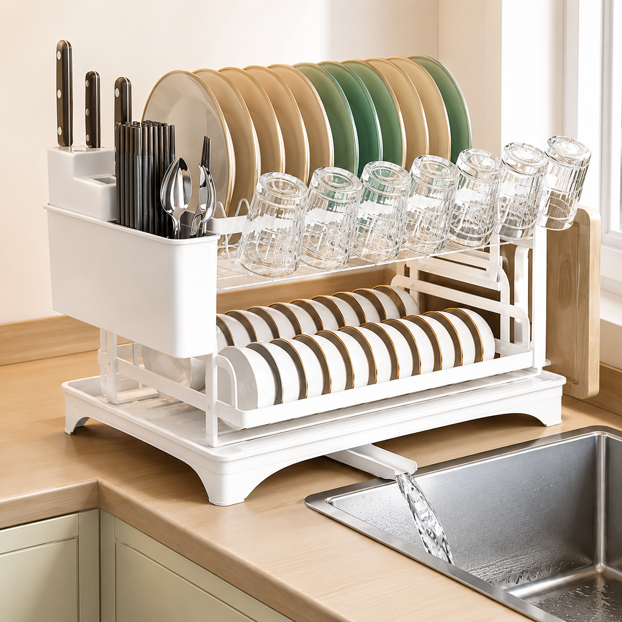 White 2-tier dish drying rack with plates, bowls, glasses, cutlery, and a cutting board holder, featuring a fast-drain water outlet for an organized kitchen.