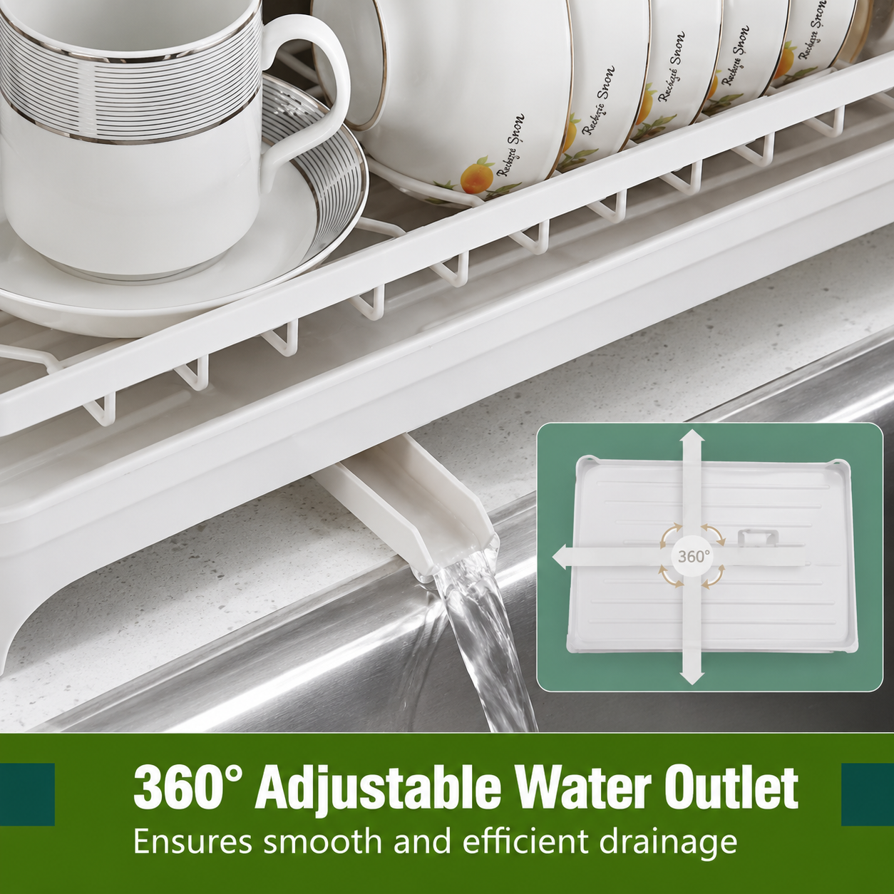 2-tier dish drying rack with a 360° adjustable water outlet that drains water directly into the sink for fast and efficient drying.