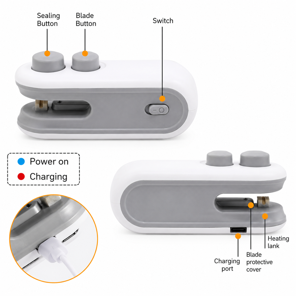 Portable mini bag sealer feature diagram highlighting the sealing button, blade, charging port and USB rechargeable battery.