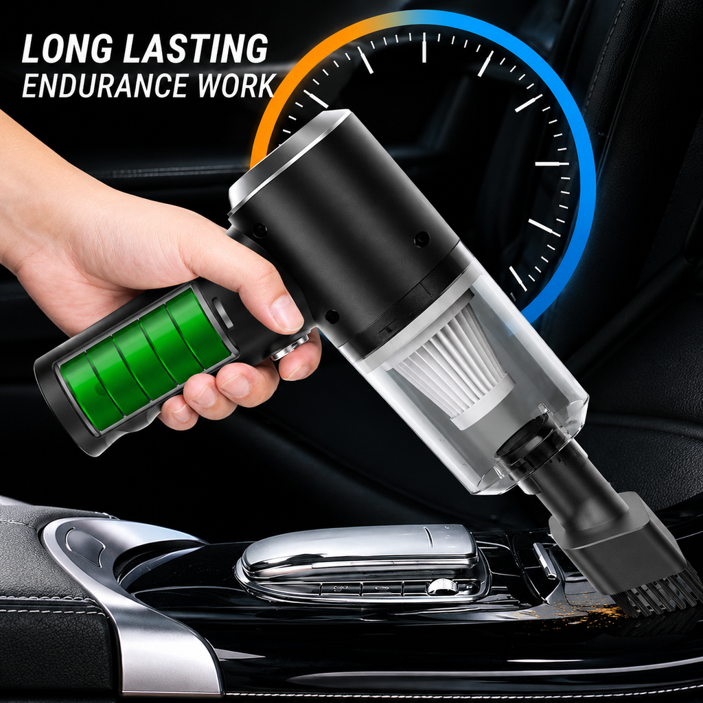 Mini wireless vacuum cleaner with long battery life for cleaning cars, keyboards, sofas and small spaces.