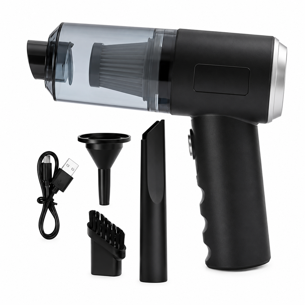 Portable mini vacuum cleaner with brush attachments and USB charging cable for cleaning your car, home and office.