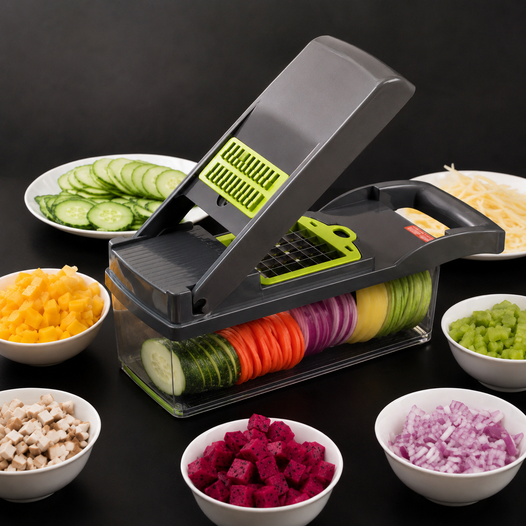 9-in-1 vegetable cutter creating uniform slices and diced vegetables for fast and easy meal preparation.