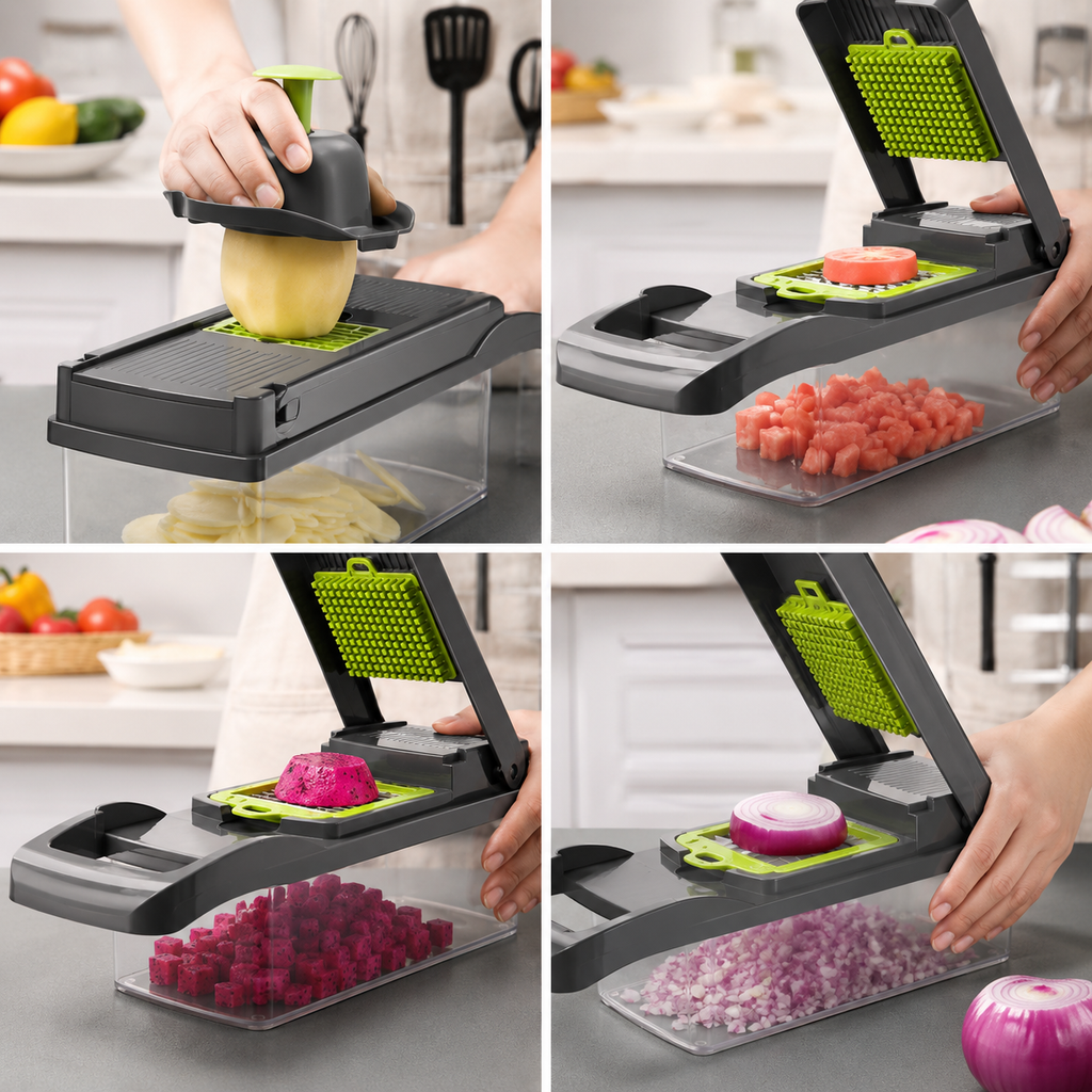 9-in-1 vegetable cutter slicing and dicing potatoes, onions and fruits for quick and easy food preparation.