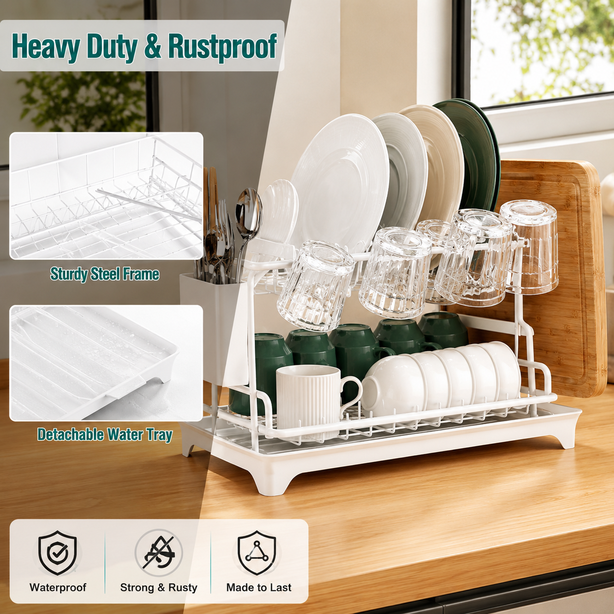 Heavy-duty 2-tier dish drying rack with rustproof steel frame, detachable water tray, and spacious storage for plates, bowls, cups and utensils.