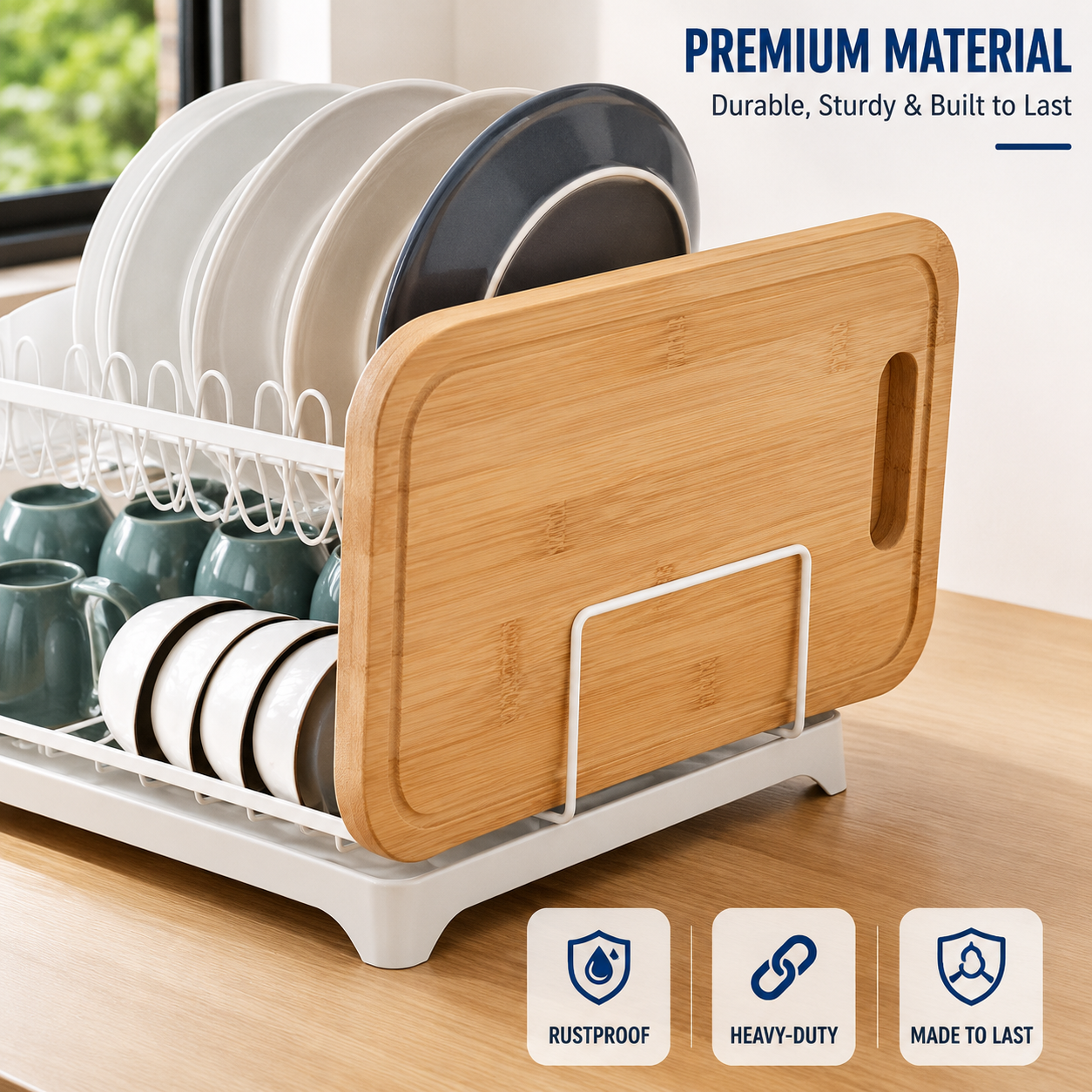 Premium 2-tier dish drying rack with cutting board holder, spacious dish storage and durable rustproof steel frame for long-lasting kitchen organization.