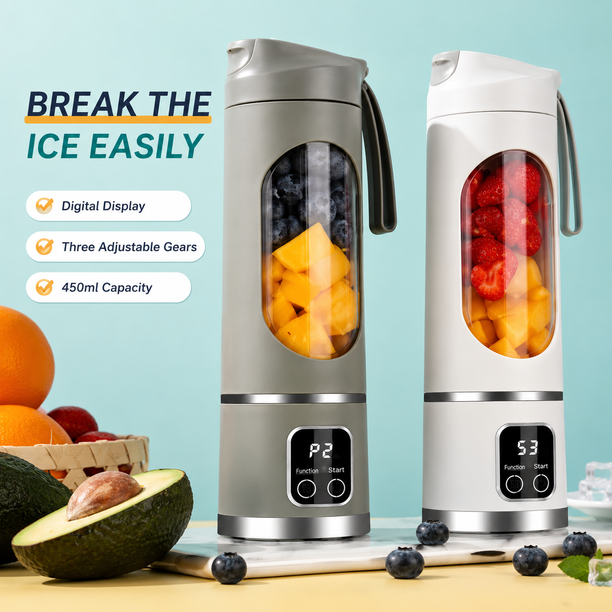 Premium portable juicer blender with digital display in two colors, featuring a 450ml capacity, adjustable blending modes and ice crushing performance.