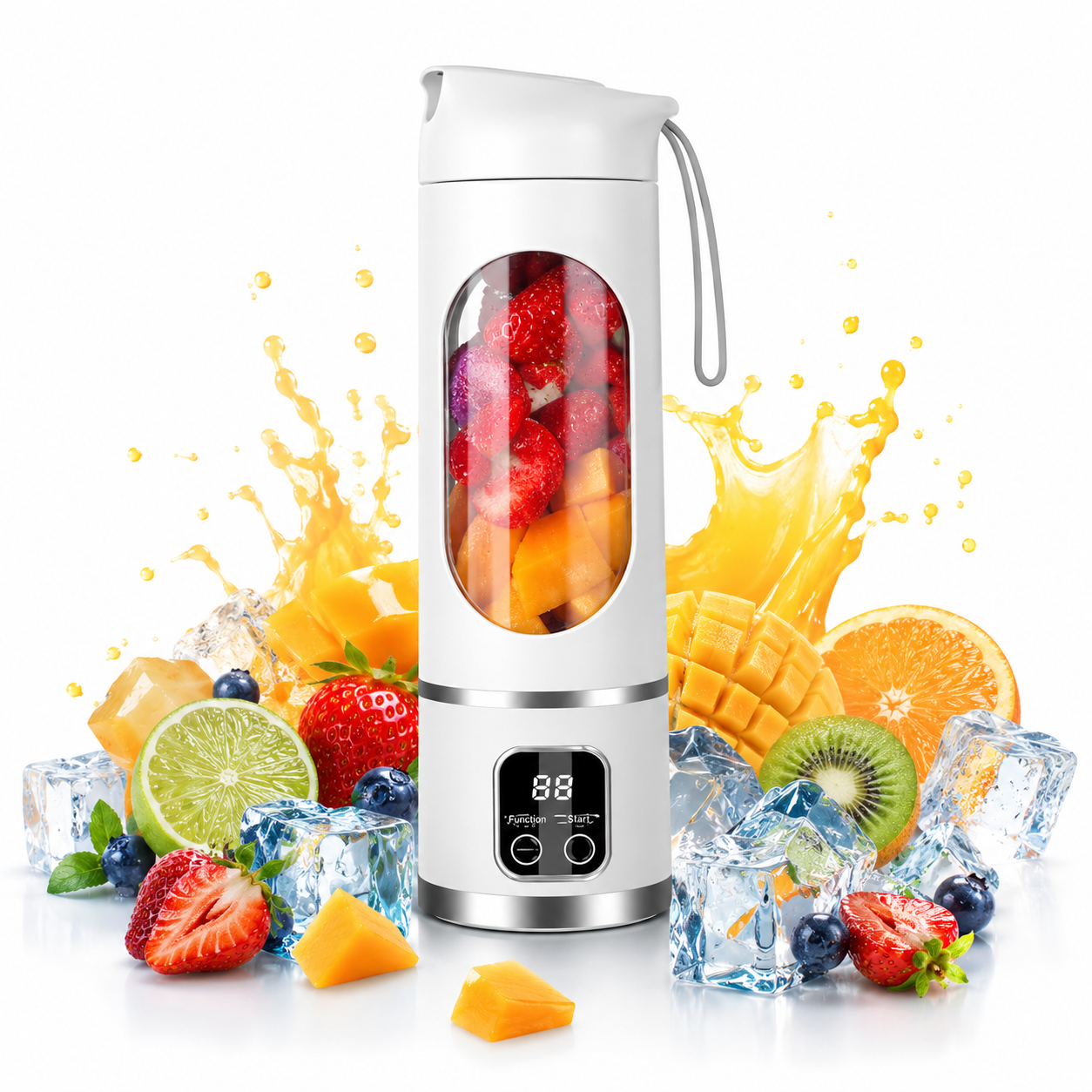 Premium portable juicer blender with digital display surrounded by fresh fruits and ice, perfect for smoothies and fresh juice.