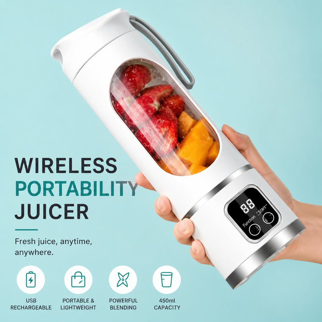 Hand holding a premium portable juicer blender with digital display, showcasing its lightweight and rechargeable design for smoothies and fresh juice.