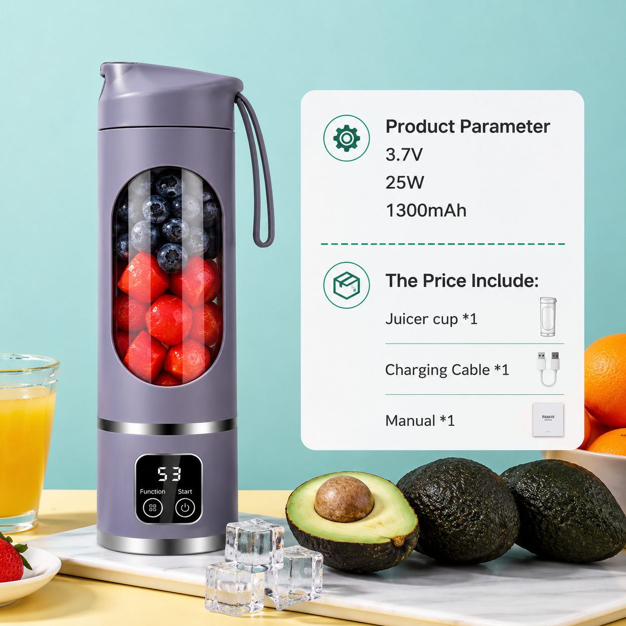 Premium portable juicer blender with digital display showing product specifications, rechargeable battery, and package contents including a USB charging cable and user manual.